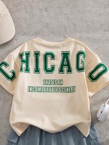 SHEIN Bộ 2 món đồ mặc nhà rộng rãi in chữ cho bé trai, áo thun kaki và quần short xanh dương, trang phục mùa hè. - Màu Khaki - Xem 5