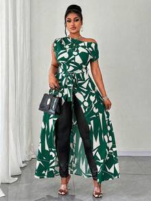 Elenzga 大码女式无袖不对称下摆系带性感衬衫，不对称图案休闲度假衬衫 - 彩色 - 查看 3