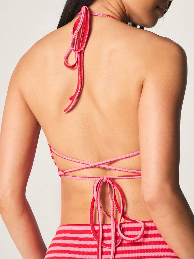 MISSGUIDED Halter Plunging Neckline Striped Ribbed Knit Tank Top With Lace Up Back Detail