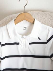 SHEIN 2pcs Boys' Outfit, Summer New Fashion Casual Elegant Striped Print Half-Zip Polo Shirt + Solid Black Straight Leg Pants Set, Suitable For Daily Outings, Gatherings, Commuting, Business Events, Summer - Black and White - View 3