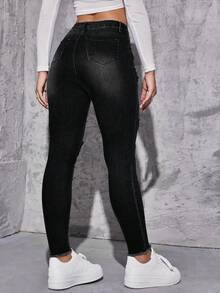 Flexra Jeans pitillo con dobladillo deshilachado y desgastado, estilo casual y chic para uso diario y trayectos - Negro - Ver 2