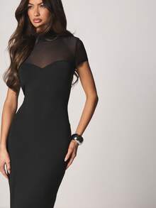 MISSGUIDED 精致网纱短袖修身中长连衣裙，心形领口和高领撞色细节设计，适合晚宴活动 - 黑色 - 查看 3