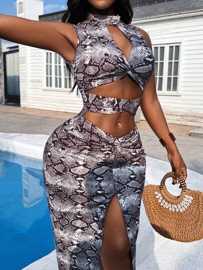 Glyssa Women's Stand Collar Sleeveless Twist Knot High Slit Bodycon Cocktail Dress, Elegant Sexy Nightclub Party Commuter Dress, Luxury Snake Print Silver Slip Dress, Fashion New Year Outfit