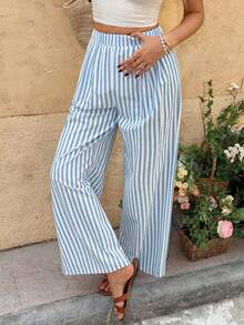 SHEIN Frenchy 女士条纹休闲百搭阔腿裤，适合日常穿着 - 藍白色 - 查看 7