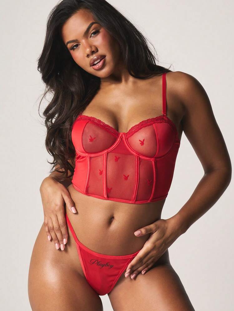 Missguided x Playboy Mesh Panel Underwire Corset With Lace Trim And Adjustable Straps For Night Lingerie Collection