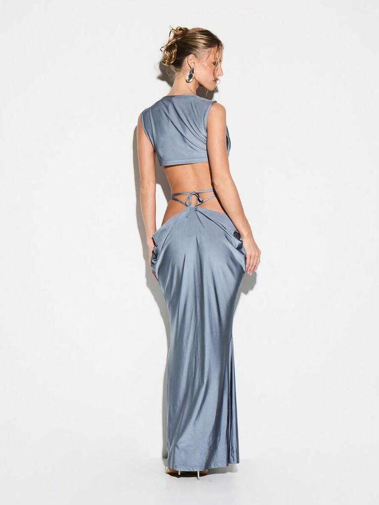 KIZN High Shine Cowl Neck Fishtail Maxi Dress