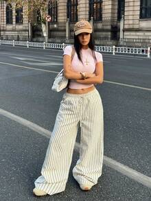 Coolane 女士夏季乡村音乐会外出海滩装扮波西米亚风简约水洗100%纯棉白色弧形裤脚裤 - 杏色 - 查看 3