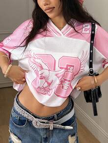 Coolane Áo thun bóng đá mùa hè cỡ lớn phong cách Y2K cổ điển, thoáng khí, chất liệu lưới, họa tiết số, màu hồng, thích hợp cho ngày Valentine, mặc thường ngày. - Hồng - Xem 3