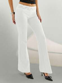 Aloruh Women's Solid Color Low Waist Lace Patchwork Black Maxi Pants - White - View 4