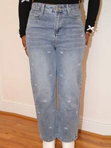 Steph T 休闲洗水蝴蝶刺绣直筒牛仔裤 - 藍色 - 查看 5