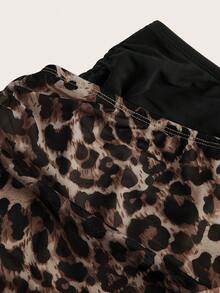 SHEIN EZwear 女士豹纹和纯色网纱紧身迷你裙 - 巧克力棕 - 查看 3