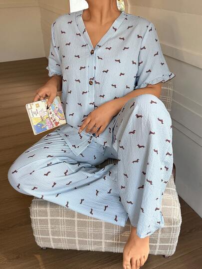 SHEIN Napfluff CURVE Striped Sausage Dog Print Ruffle Cuff Open Front Textured Fabric Short Sleeve Pajama Set, Plus Size
