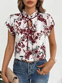 SHEIN Clasi 女士碎花荷叶边系带衬衫 - 酒紅色 - 查看 4