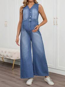 SHEIN Maternity V-Neck Sleeveless Front Button Casual Loose Denim Jumpsuit, Summer - Blue - View 1