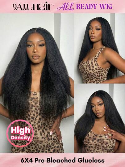  Long Kinky Straight All Ready Wig Pre Bleached Pre Plucked Pre-Cut Lace Melting Lace Front 6x4 Glueless Closure Wig Real Human Hair 9AM HAIR