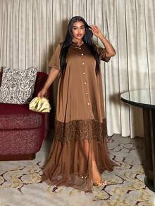 Maweii 大码女士休闲度假日常开衫，带纽扣、荷叶边下摆和网纱拼接，宽松舒适的A字连衣裙 - 棕色 - 查看 1