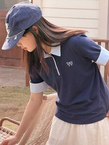 DAZY 少女休闲日常通勤上学风蝴蝶结刺绣撞色滚边短袖Polo衫，夏季 - 藏蓝色 - 查看 5
