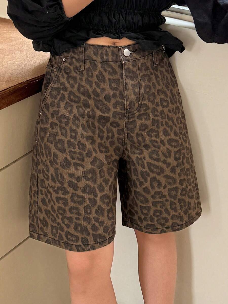 DAZY Tween Girls' Leopard Print Casual Denim Shorts - Brown - View 1