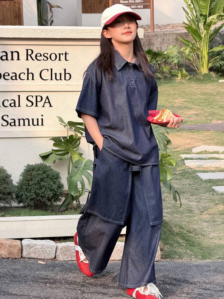 Tween Girls Spring Fashion Collared Short Sleeve Denim Shirt & High Waist Wide Leg Denim Pants 2-Piece Set Summer