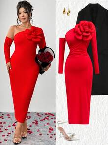 Elenzga 大码女式情人节花卉装饰露肩修身纯色长袖针织连衣裙 - 紅色 - 查看 1