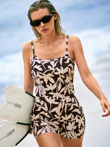 Swim SPRTY Women's Summer Random Plant Print Beach Sports Jumpsuit - Brown - View 4