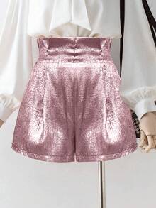 GlowEve Women's Metallic Fabric Paper Bag Waist Casual Shorts, Suitable For Summer Music Festivals, New Year Holiday Parties - Pink - View 1