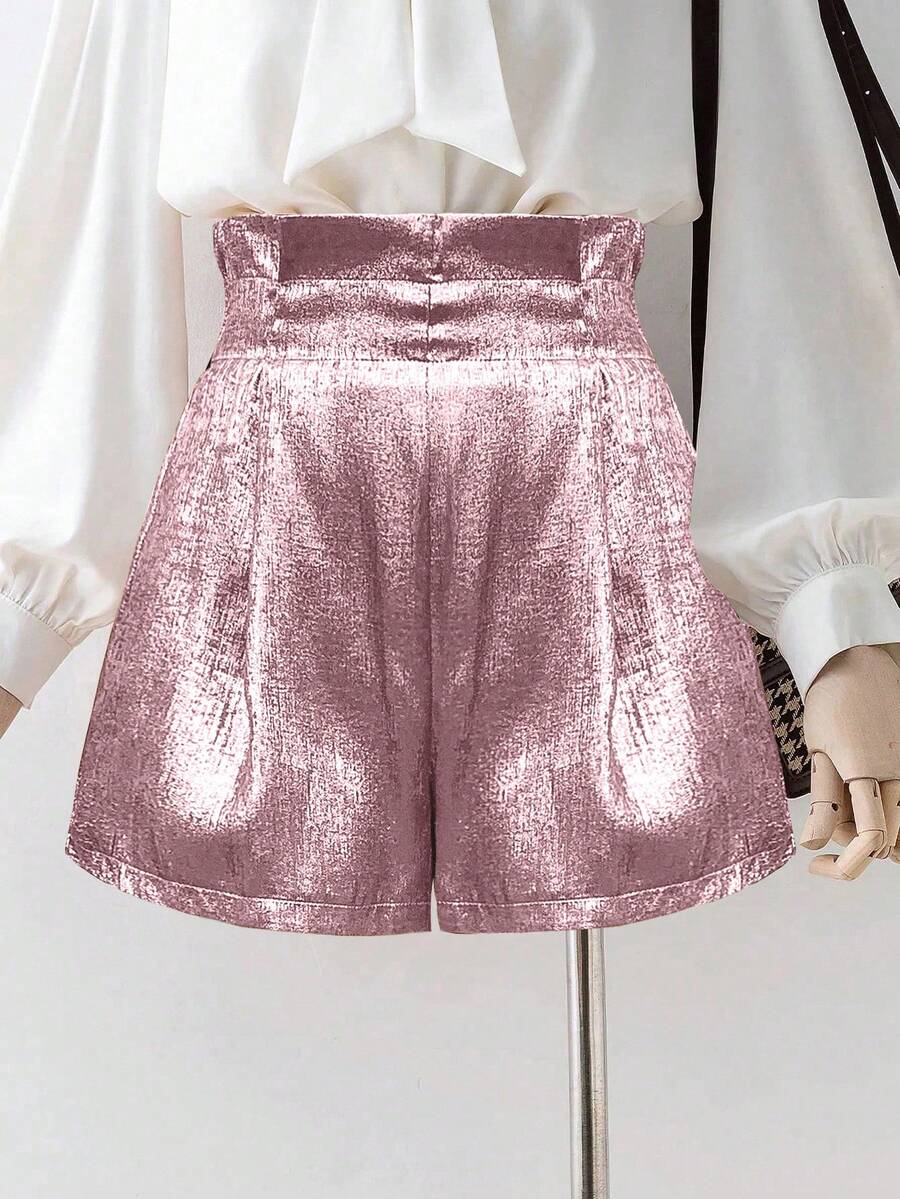 GlowEve Women's Metallic Fabric Paper Bag Waist Casual Shorts, Suitable For Summer Music Festivals, New Year Holiday Parties - Pink - View 1