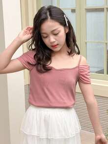 DAZY Áo hai dây trễ vai màu trơn dáng casual cho bé gái tuổi teen, mùa hè - Hồng - Xem 4