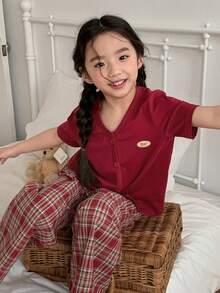 DAZY Young Girl Letter Print Short Sleeve Top And Plaid Pants Pajama Set - Red - View 2