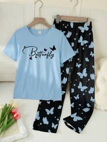 少女蓝色短袖蝴蝶印花上衣搭配宽松黑色针织裤，休闲优雅两件套家居服/睡衣套装 - 藍色 - 查看 5