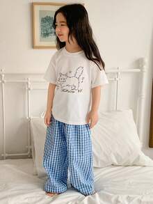 DAZY Young Girl Letter & Cartoon Cat Print Short Sleeve T-Shirt And Plaid Wide Leg Pants Pajamas Set - White - View 3