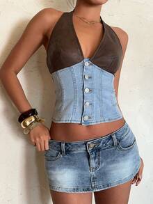 Aloruh Women's Light Blue Summer Rave Halter Denim Blouse,Fashion Contrast Color Patchwork Backless Top For Party,Cocktail,Vacation,Wedding Guest&Western - Blue - View 4