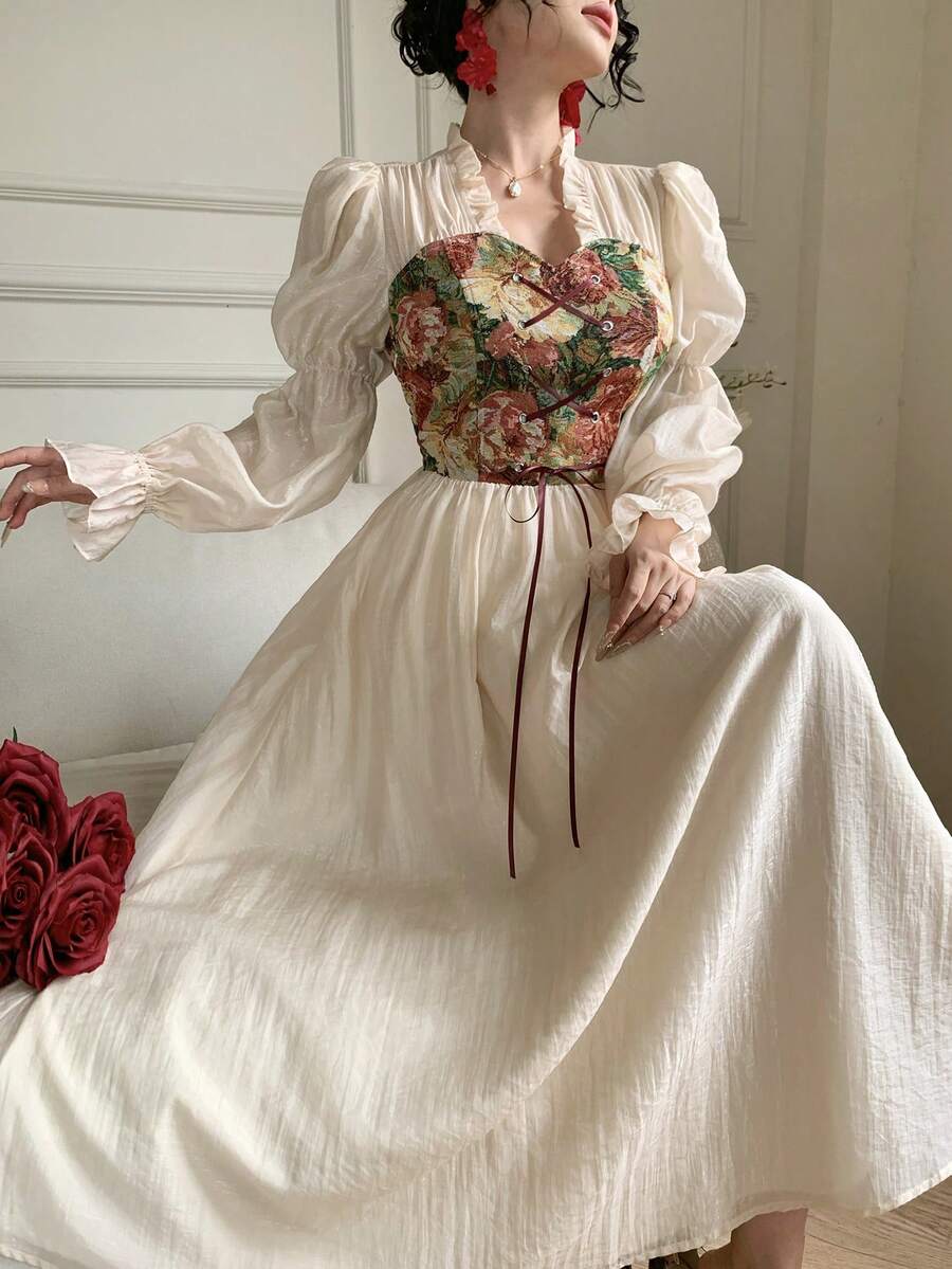 DAZY 女士优雅花卉拼接荷叶边系腰连衣裙，春夏婚礼宾客礼服 - 米色 - 查看 1