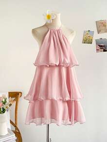 Soleia Women's Simple Solid Color Ruffle Hem Halter Backless Mini Dress, Summer,Vacation Outfits, Beach Outfits, Summer, Tropical Outfits, Cute And Fun - Pink - View 5