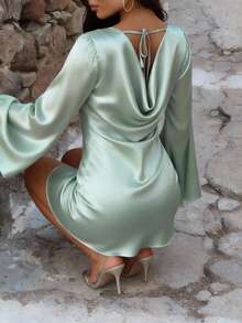 Firerie Elegant Minimalist Romantic Sexy Backless Tie-Up Flare Sleeve Mint Green A-Line Mini Dress, Suitable For Date, Vacation, Wedding Guest, Everyday Wear - Mint Green - View 1