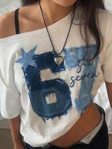 SHEIN EZwear 休闲简约时尚数字67印花露肩宽松女式T恤 - 彩色 - 查看 6