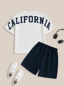 SHEIN Casuvi Kids Boys Everyday White Short Sleeve T-Shirt And Bermuda Shorts Co-Ord Set With California Letter Print And Pockets - White - View 10