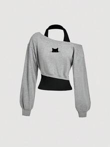 SHEIN MOD 可爱小黑猫印花女式休闲复古撞色不对称肩部卫衣 – 适合春、秋、冬穿着，兼具西部风情和居家舒适感，适合春、秋、冬穿着，复古Y2K风格，适合上学、夏季骑行和瑜伽等运动场合。 - 彩色 - 查看 5