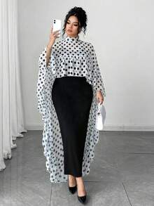 Elenzga Bộ đồ 2 món thanh lịch gồm áo choàng cổ chữ V bằng vải chiffon in hoa, viền bèo nhún và váy hai dây dệt kim, dành cho người có vóc dáng đầy đặn. - Đen và trắng - Xem 6