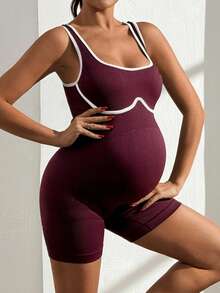 SHEIN Maternity Contrast Color Sleeveless Sports Jumpsuit - Brown - View 4