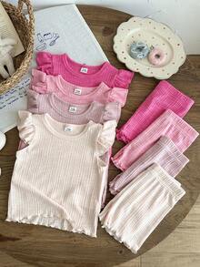 SHEIN Bộ 8 món cho bé gái 0-3 tuổi, mùa xuân/hè, kiểu dáng thường ngày, dễ thương, màu trơn, dệt kim tay ngắn bất đối xứng và quần short. - Nhiều màu - Xem 9