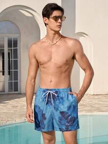 Manfinity VDAYZ Quần short đi biển nam cạp chun, dây rút, dáng rộng, có túi, quần bơi nam, đồ đi biển nam, trang phục nghỉ dưỡng nam, quần bơi nam họa tiết hoa màu xanh dương. - Nhiều màu - Xem 3