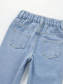 SHEIN Playful Pals Toddler Girls' Casual Denim Summer New Arrivals Light Blue Denim Cute Animal Print Loose Fit Straight Leg Jeans, Versatile For Daily Wear And Back To School - Light Wash - View 4