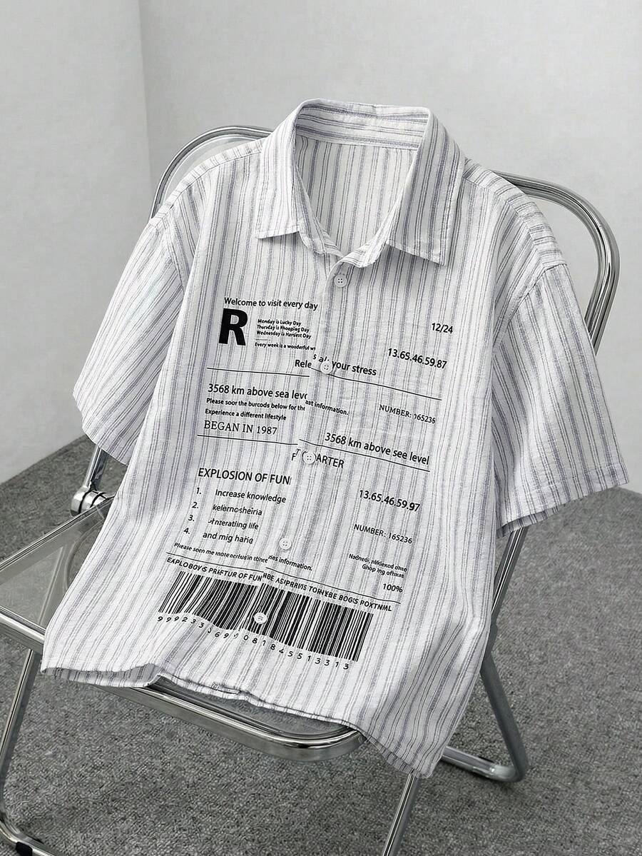 AXEPEAK 男士条纹 Polo 领单排扣字母印花休闲百搭日常短袖衬衫 - 灰色 - 查看 1