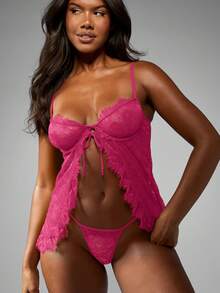 MISSGUIDED Floral Lace Babydoll Lingerie Set With Matching Thong For Women Intimate Sleepwear - Pink - View 4