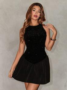 Sirith Women's Fashionable Sexy Sequin Patchwork Backless Dress - Black - View 5