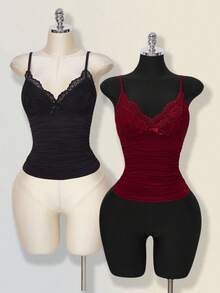 SHEIN ICON 女士纯色蕾丝拼接吊带背心 - 彩色 - 查看 3