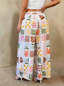 Auralis Plus Size Women's Satin Pants,White,Autumn,Boho,Beach,Holiday,Patchwork Art Printed Crepe Fabric,Drawstring Elastic Waist Straight Leg Casual Pants - Multicolor - View 4