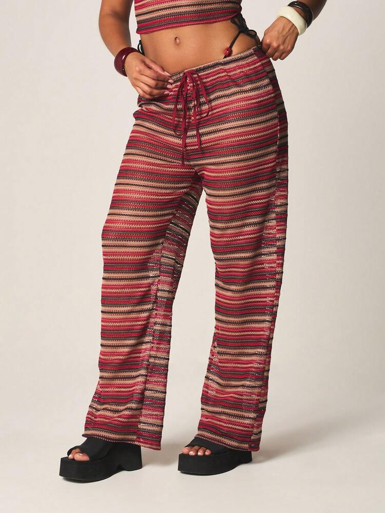 MISSGUIDED Crochet Knit Striped Cover Up Wide Leg Pants For Beach Vacation Summer Resort Wear