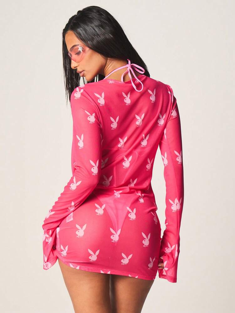 Missguided x Playboy Abito copricostume con scollo a cappuccio, maniche lunghe, stampa con logo coniglio, per vacanze estive e resort